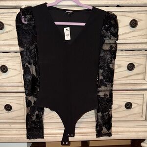 Express Black Bodysuit with Sheer Floral Sleeves